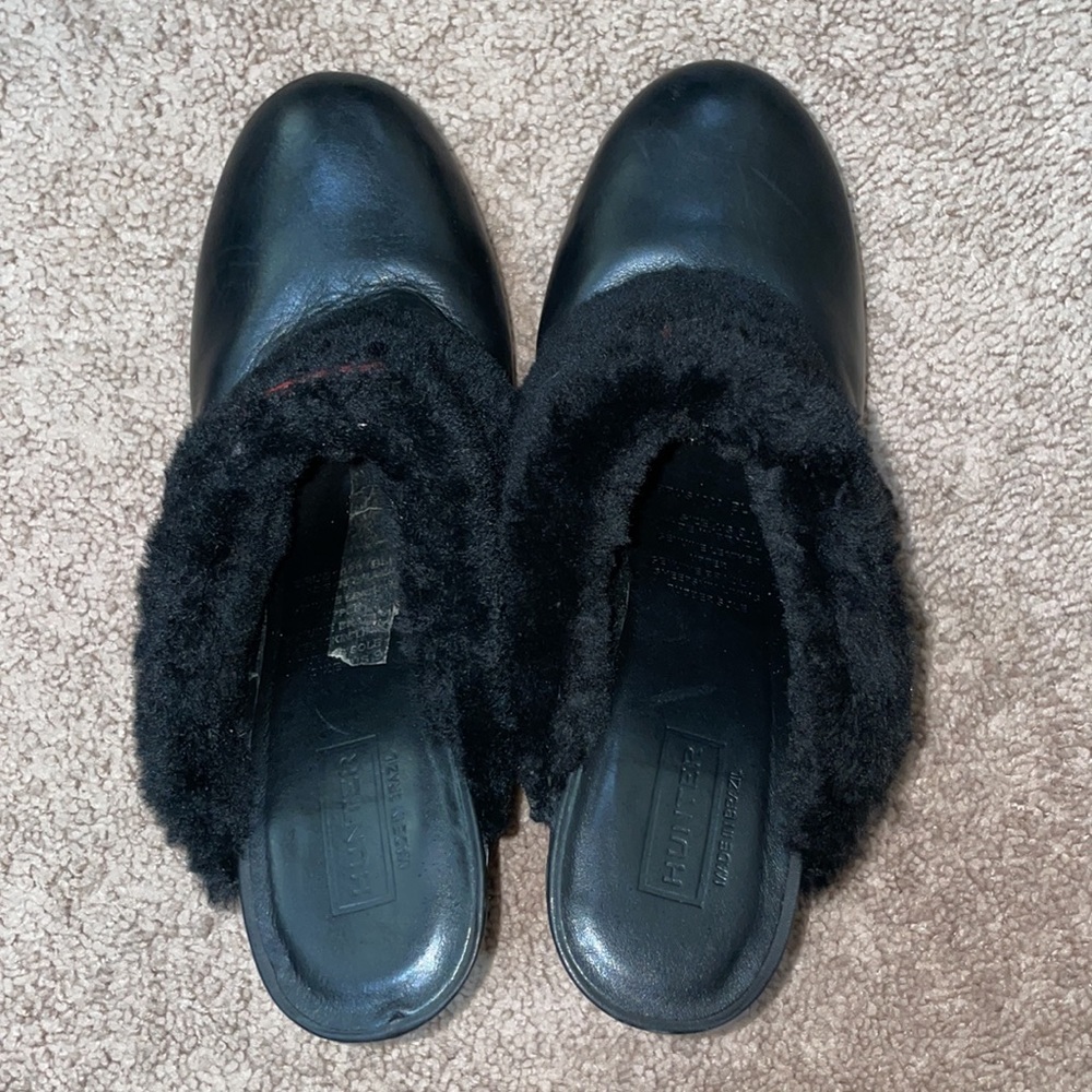Hunter Bruson Women's Black Leather Shearling Mules Platform Shoes Clogs 9 - Picture 4 of 6